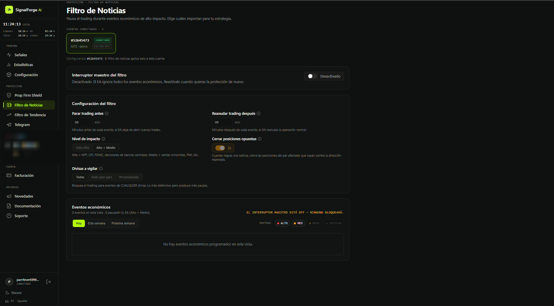 News Filter screen in the Dashboard, with minutes before and after, impact level, close opposing positions, currencies to watch and an economic events calendar.