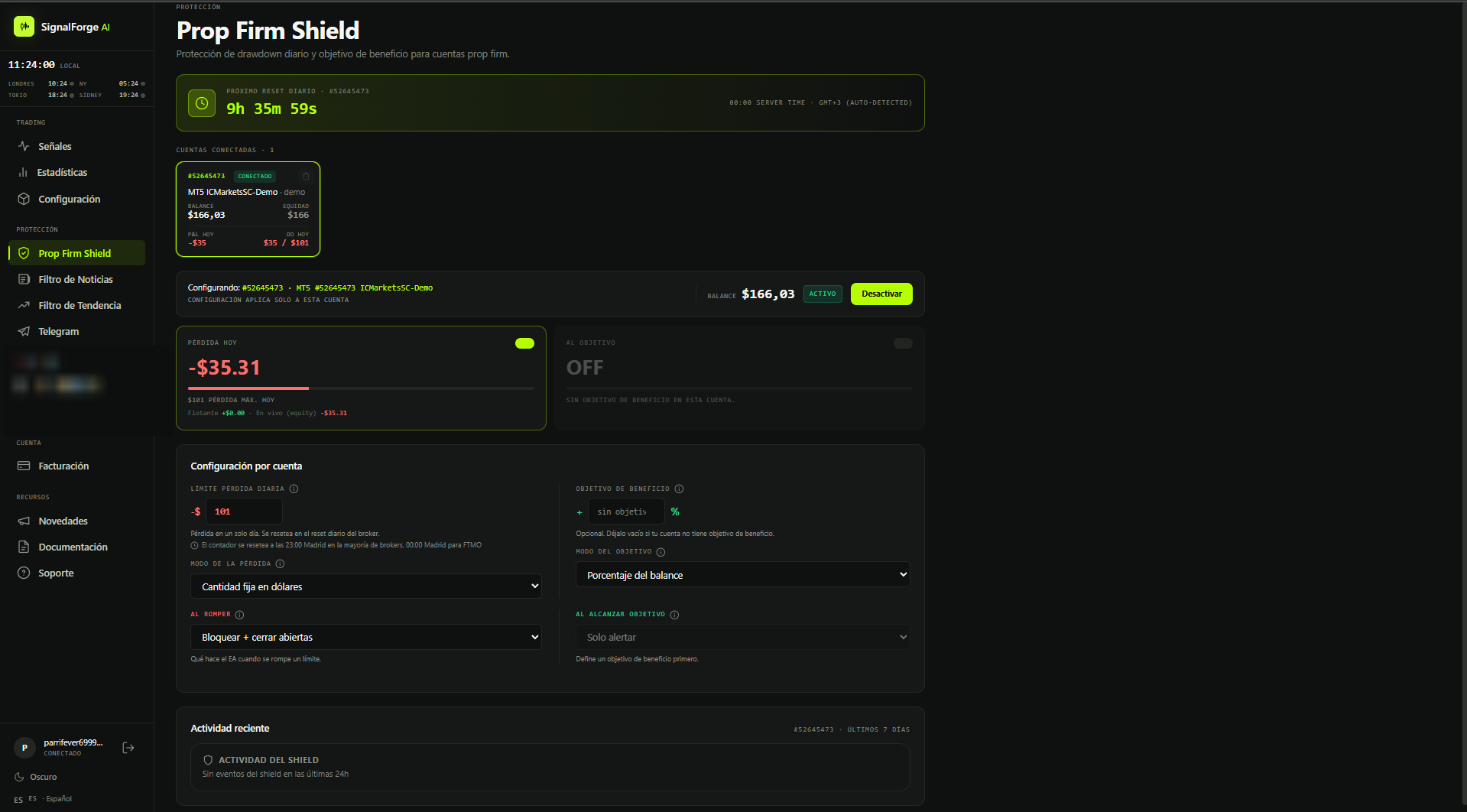 Prop Firm Shield screen in the Dashboard, with the daily reset countdown, today's loss and per-account configuration.