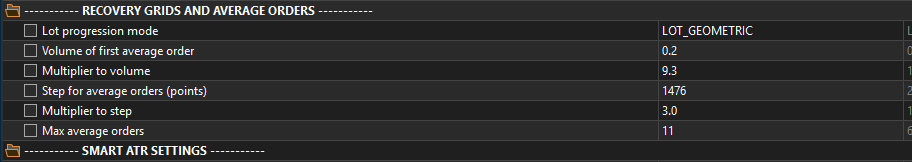 F7 inputs panel: Recovery grids and average orders and smart ATR settings