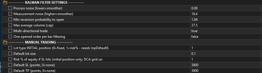 F7 inputs panel: Kalman filter settings and manual trading