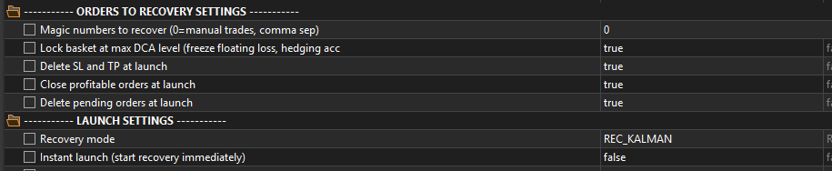 F7 inputs panel: Orders to recovery settings and Launch settings