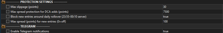 F7 inputs panel: Protection settings and Telegram