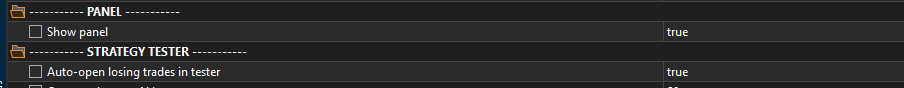 F7 inputs panel: Panel and Strategy Tester settings