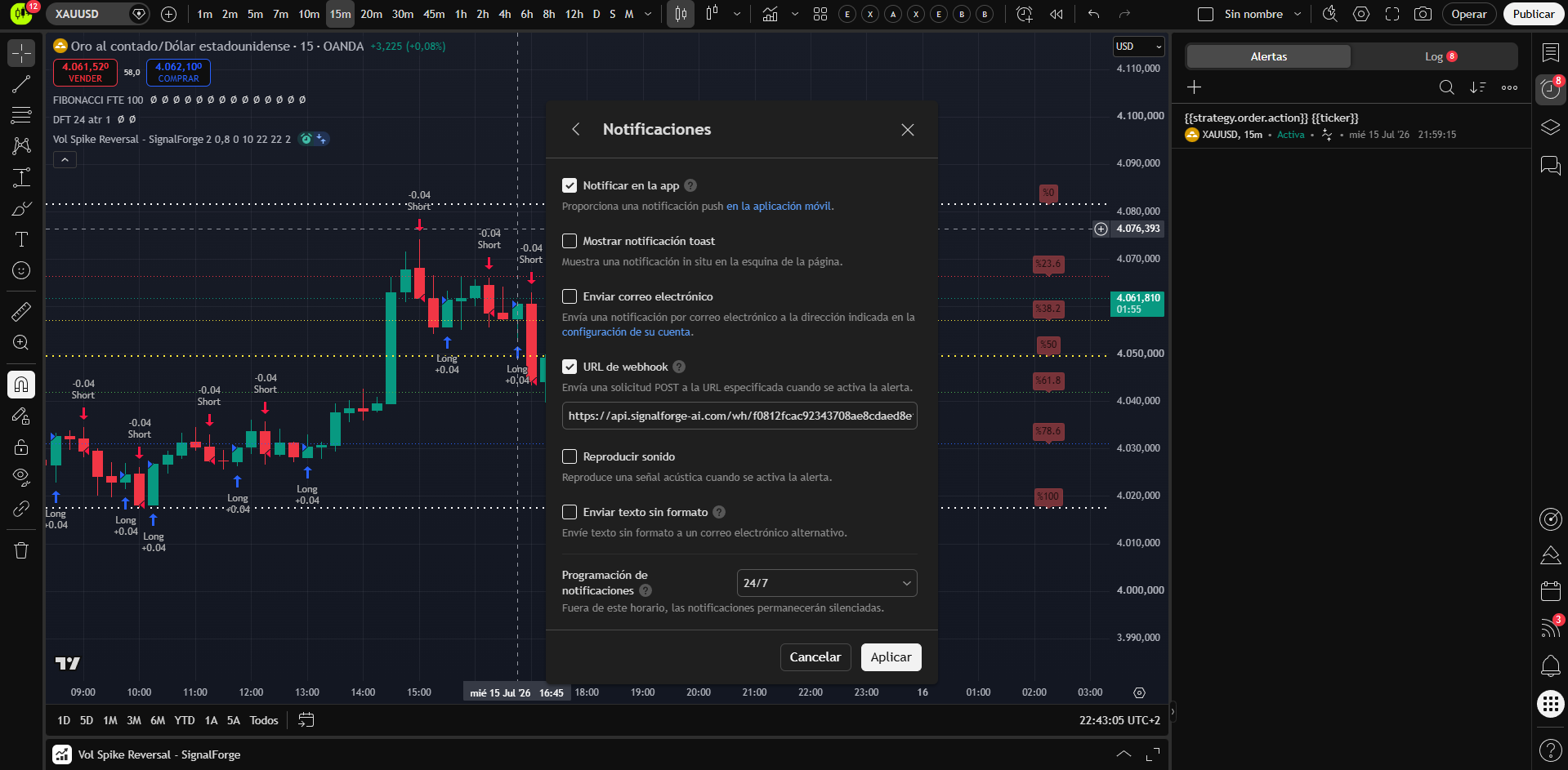TradingView alert Notifications tab with the webhook URL field checked