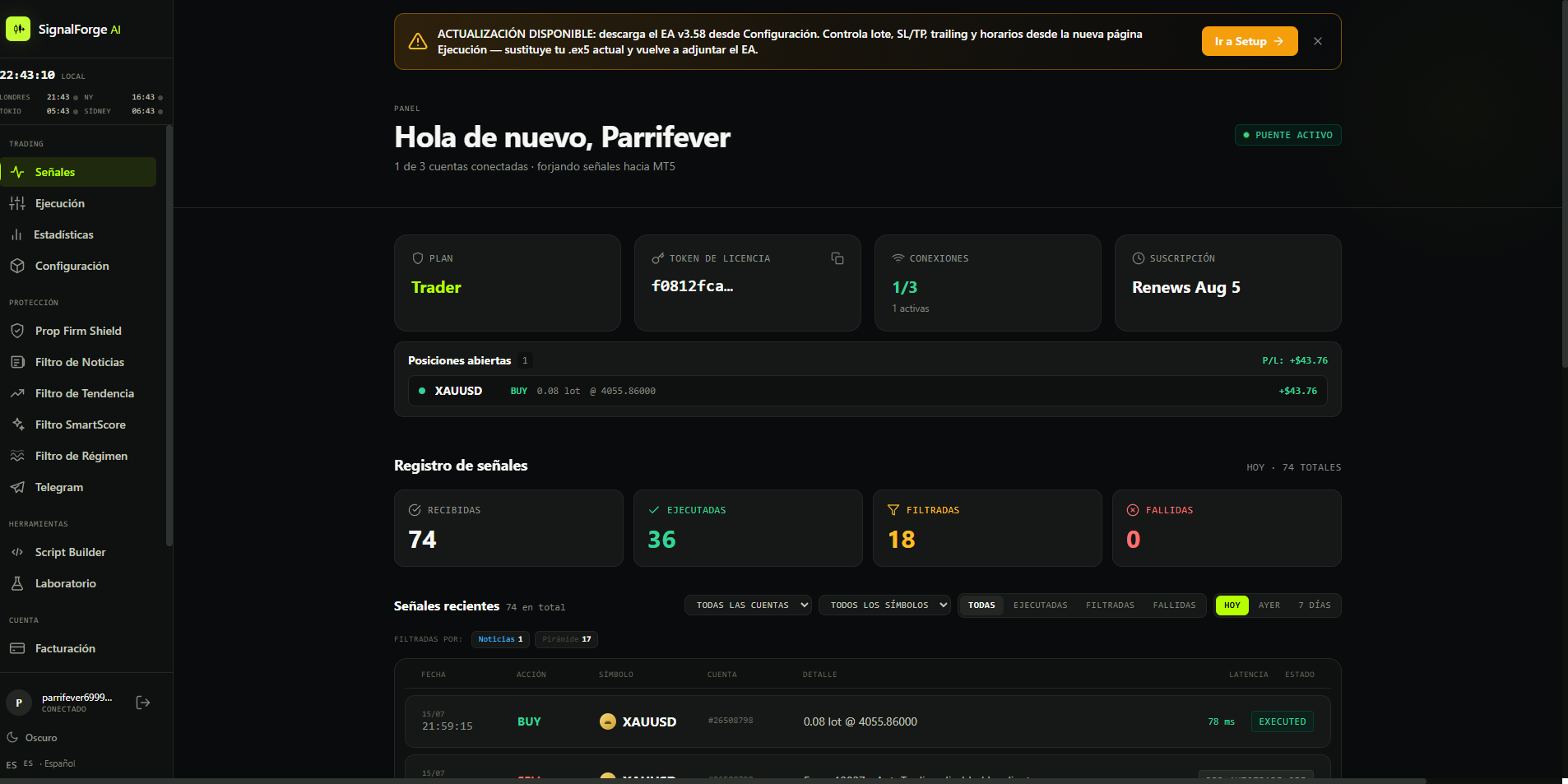 SignalForge dashboard showing the MT5 account connected and signals executing